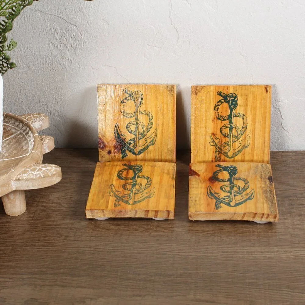 Handmade Wooden Anchor Coasters (Set of 4) Nautical Beach Decor Gift
